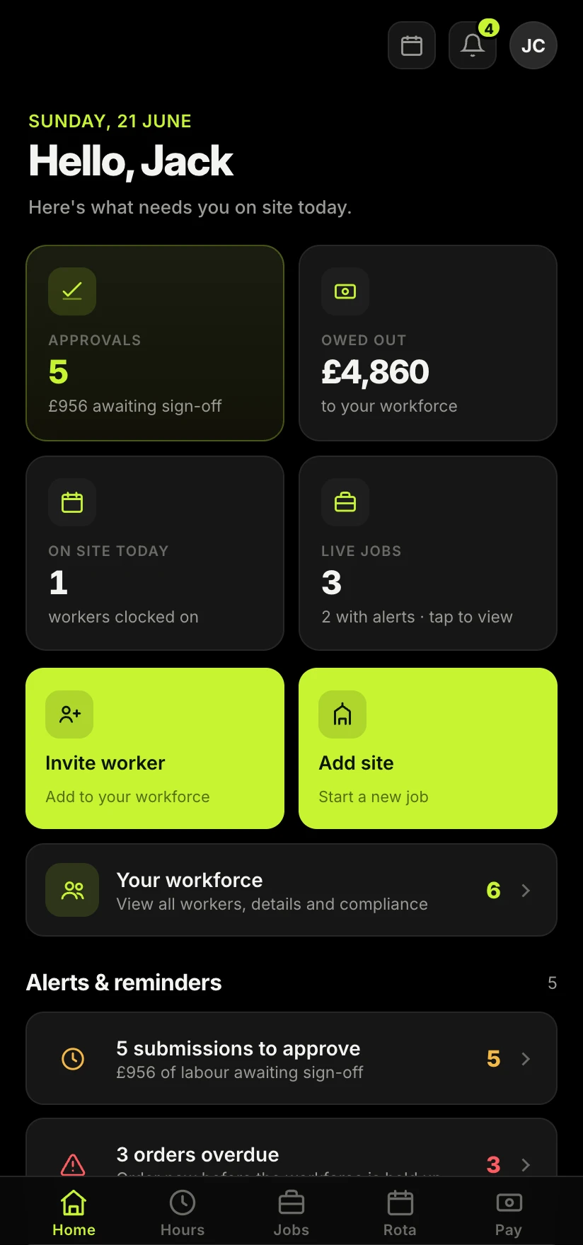 Sitewise admin dashboard showing approvals, money owed and live jobs